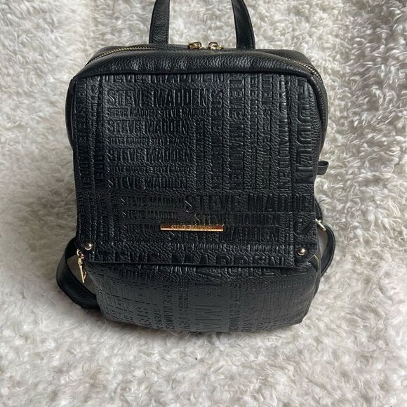 Steve Madden Black synthetic embossed small backpack gold tone hardwares. main image 12